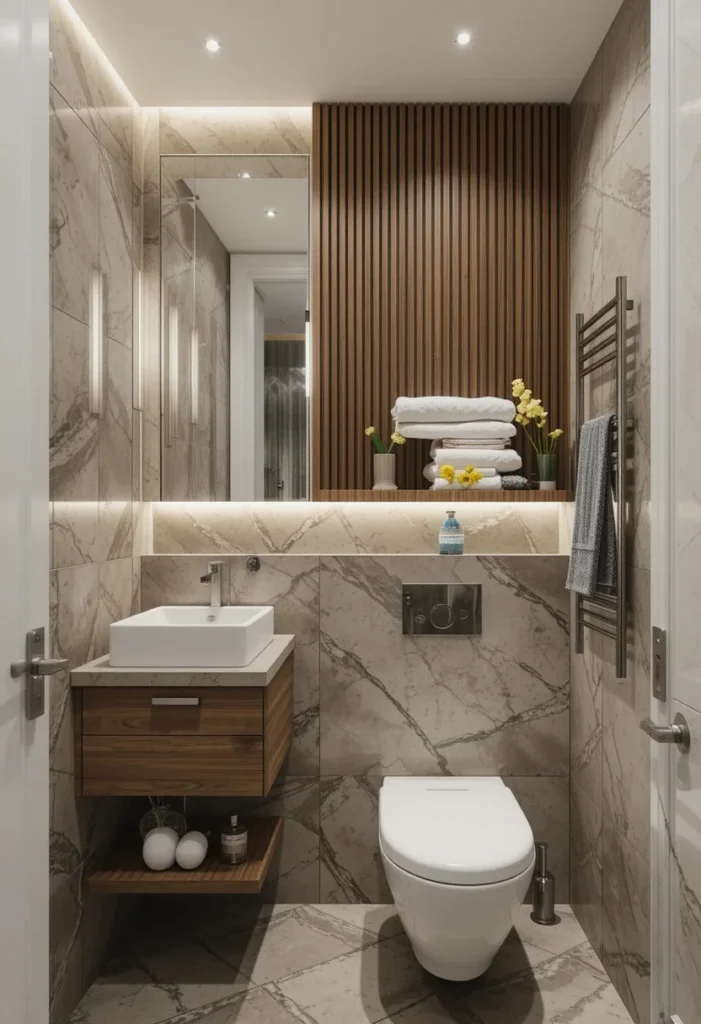 Small bathroom, recessed shelving above toilet, floating wooden vanity, gray marble-effect walls and floor, vertical wood slat accent.