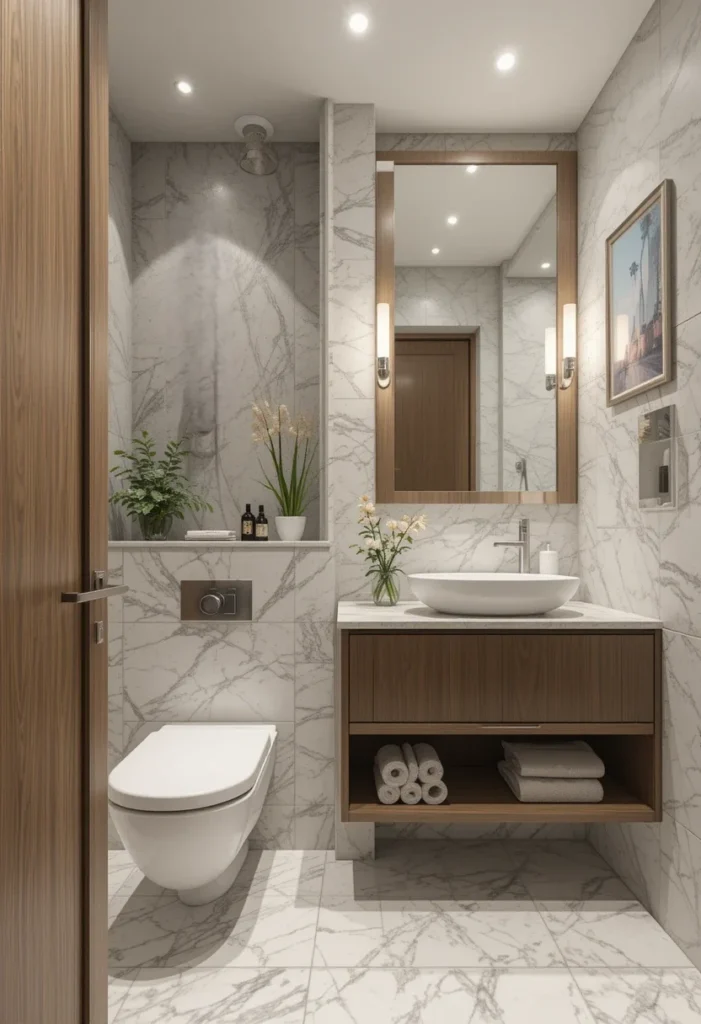 Small bathroom remodel, matching floor and wall tiles, white marble-effect, floating dark wood vanity, recessed wall niche.