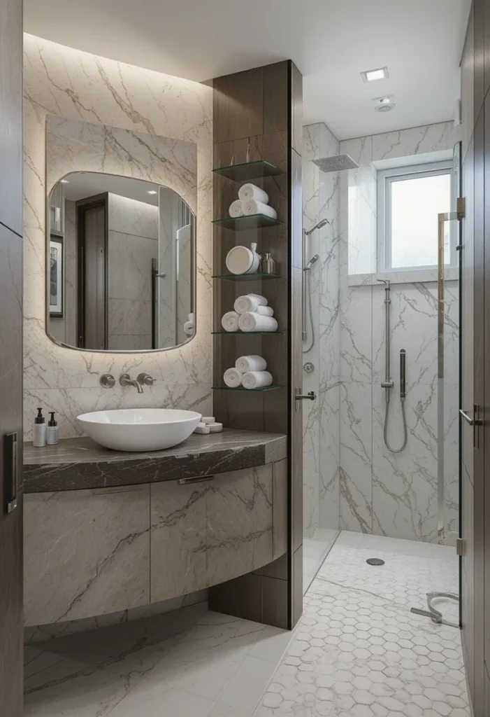 Small bathroom with walk-in shower, glass shelving, light gray marble wall tiles, hexagonal floor tiles, dark gray vanity with large white sink.