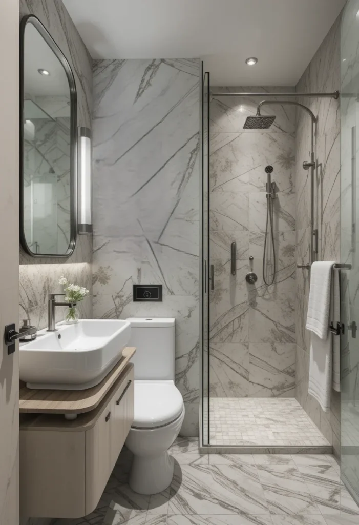 Small bathroom, large rectangular mirror, light wood floating vanity, walk-in shower, light gray marble-effect walls and floor.