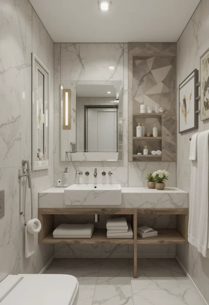 Small bathroom, light wood vanity, open shelving, white marble-effect walls, rectangular vessel sink, recessed shelving on the side.