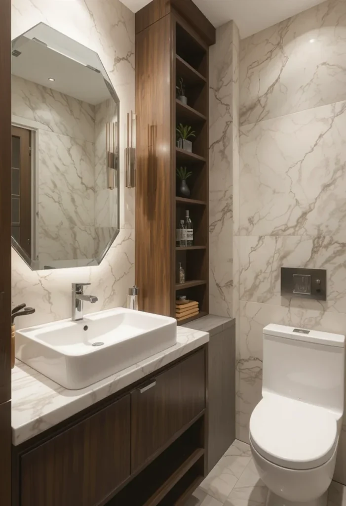 Small bathroom, tall narrow storage cabinet, dark wood vanity, light gray marble-effect walls, large rectangular vessel sink, octagonal mirror.