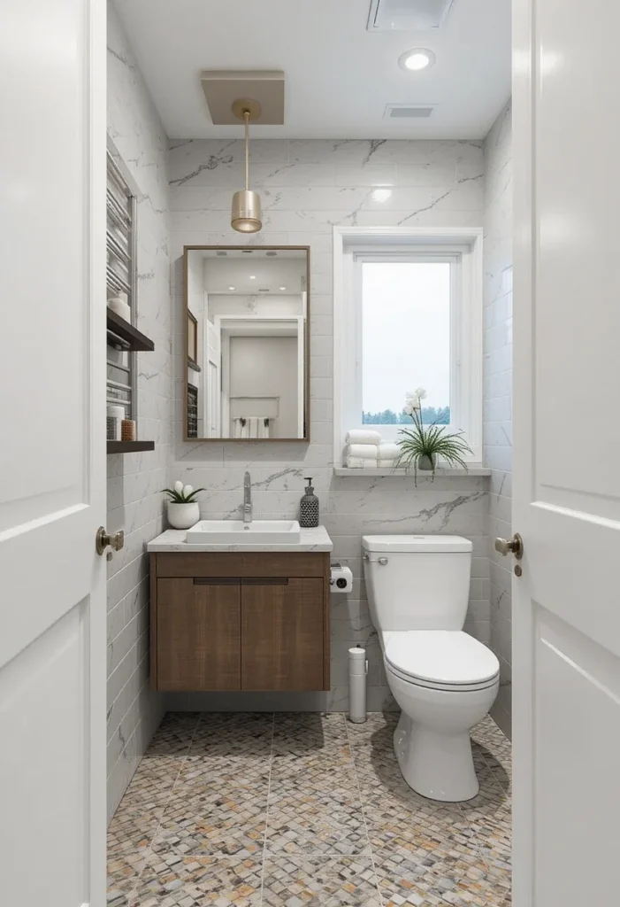 Small bathroom remodel with floating vanity, patterned tile floor, and white toilet.