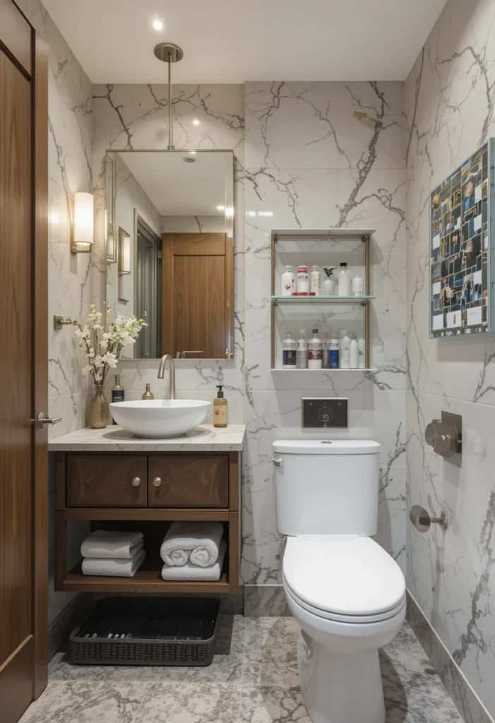 Affordable small bathroom remodel with marble-effect walls, vessel sink, and wooden vanity