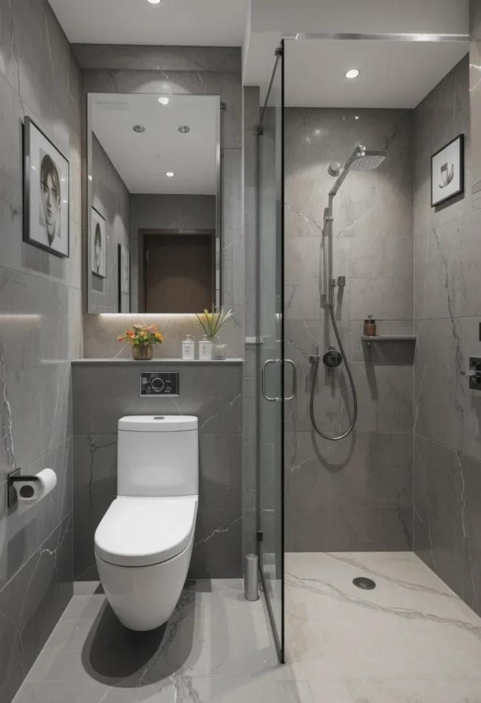 Modern small bathroom with walk-in shower, gray tile, and rimless toilet.