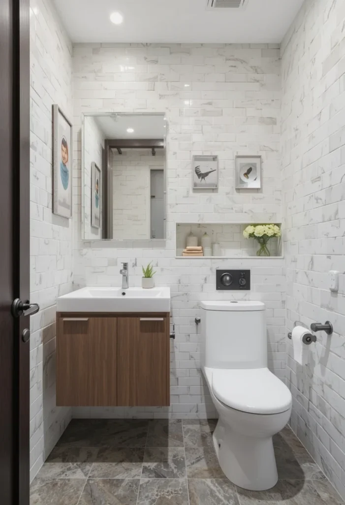 Small bathroom remodel with textured tile accent wall, floating vanity, and wall-hung Ametista toilet.