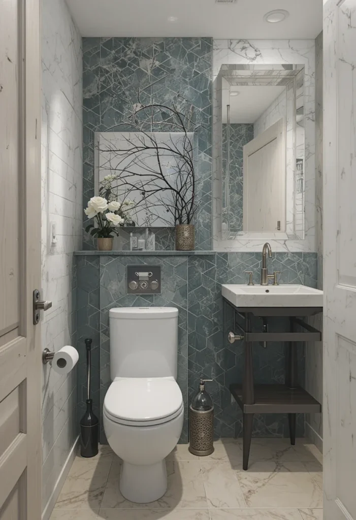 Small bathroom remodel, bold geometric backsplash, white marble walls, Grossman GR-4448S wall-hung toilet.