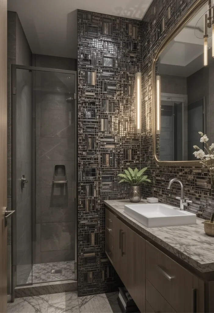 Modern small bathroom design, metallic tile feature wall, walk-in shower, rectangular vessel sink.