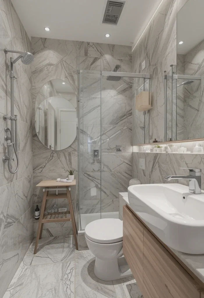 Small bathroom corner shower, glass enclosure, light gray marble-effect walls, large vessel sink.