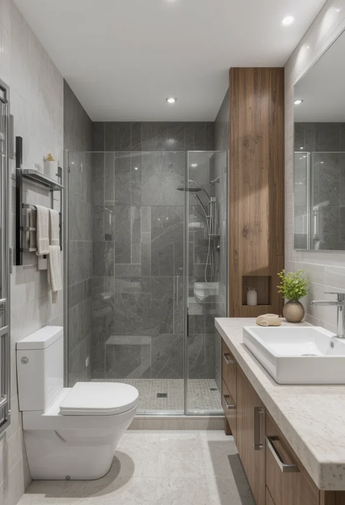 Small bathroom, modern, wood accent wall, floating vanity, walk-in shower, large white rectangular sink.