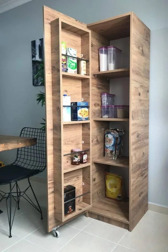 Tall pantry cabinet with adjustable shelves holding various dry goods and containers.