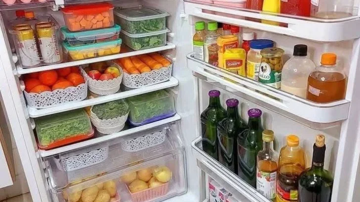 Refrigerator interior organized with clear, stackable containers and labeled bins.