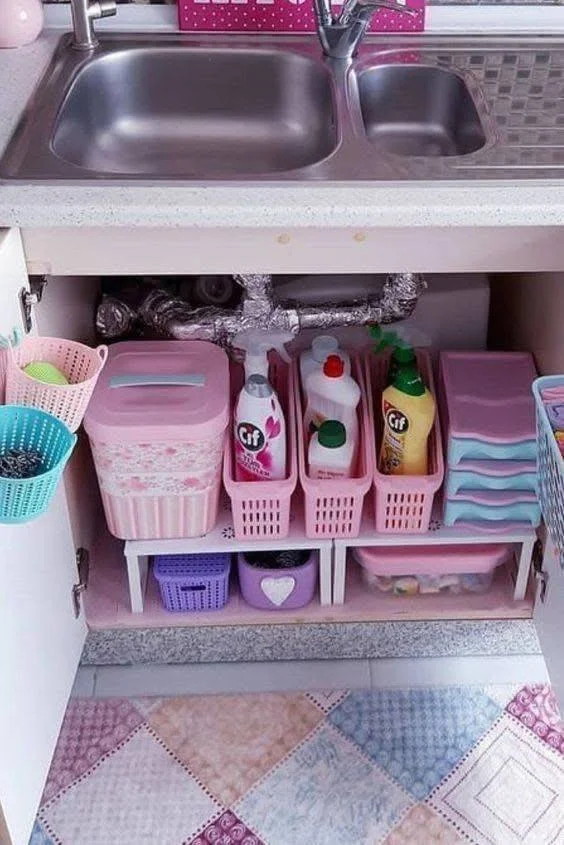 Organized under-sink area with cleaning supplies in labeled bins and on a small shelf.