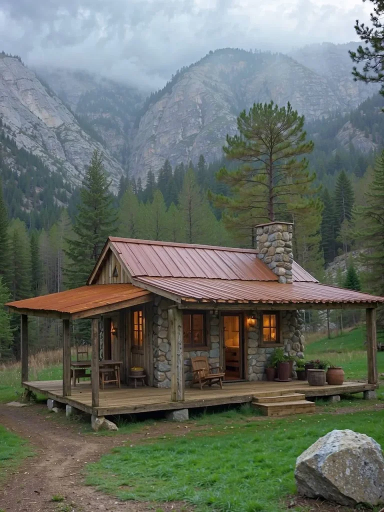 Dreamy tiny mountain stone cottage with a rustic porch and metal roof.