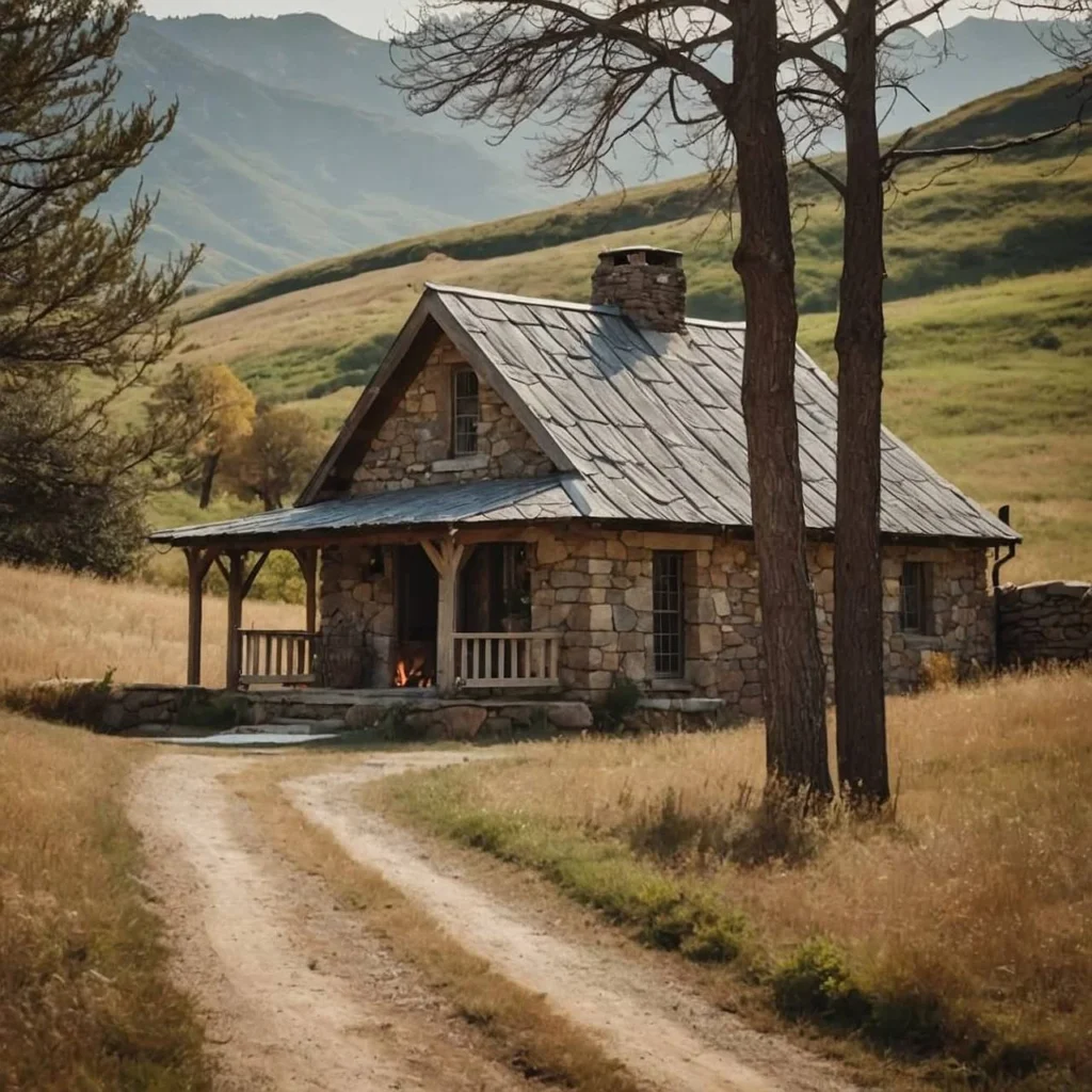 Tiny mountain stone cottage on a hillside with a gravel road leading to it.