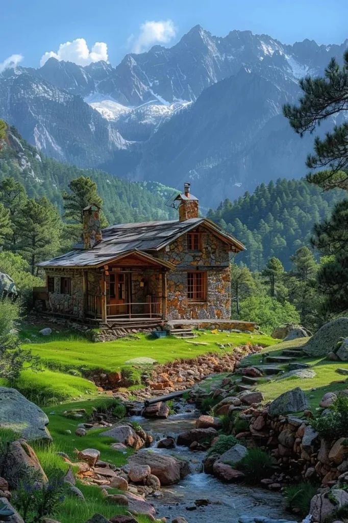 Tiny mountain stone cottage situated beside a flowing stream with mountain views.