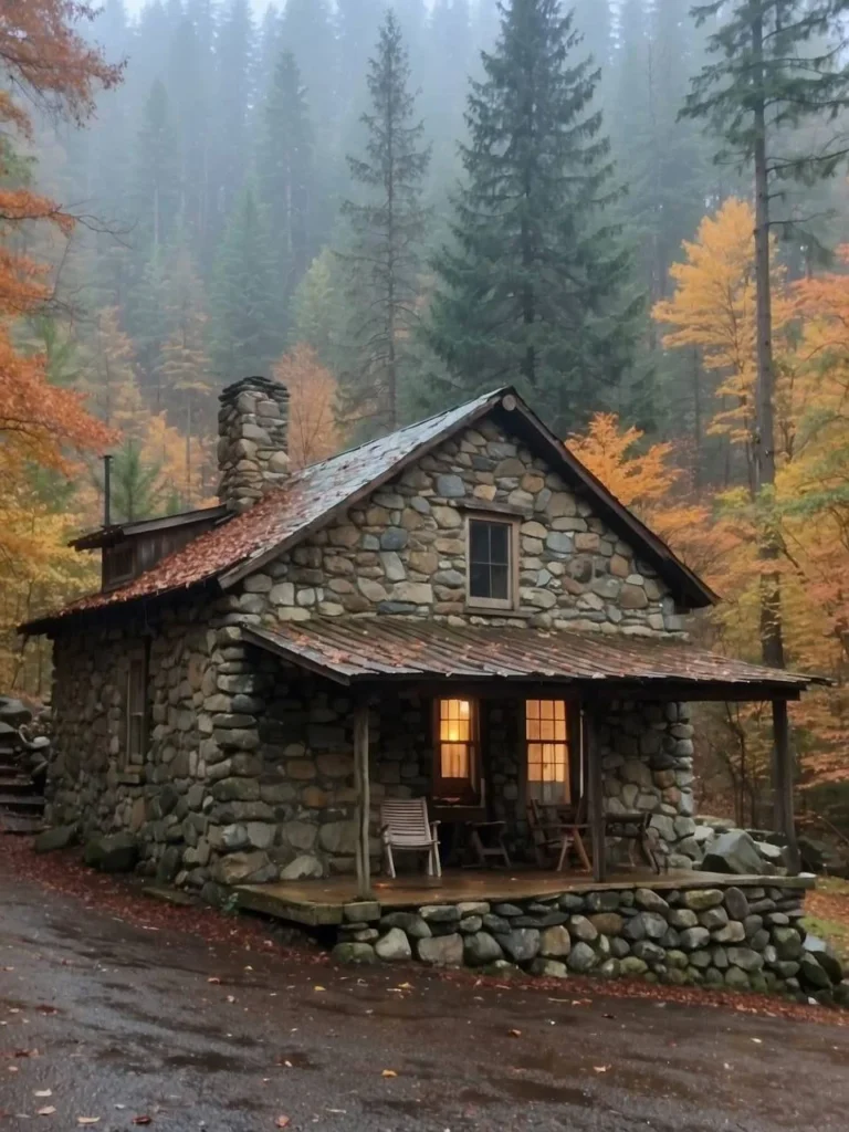 Tiny mountain stone cottage surrounded by autumn trees with a rustic porch.