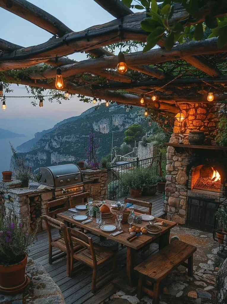 Tiny mountain stone cottage outdoor dining area with pergola and cliffside views.