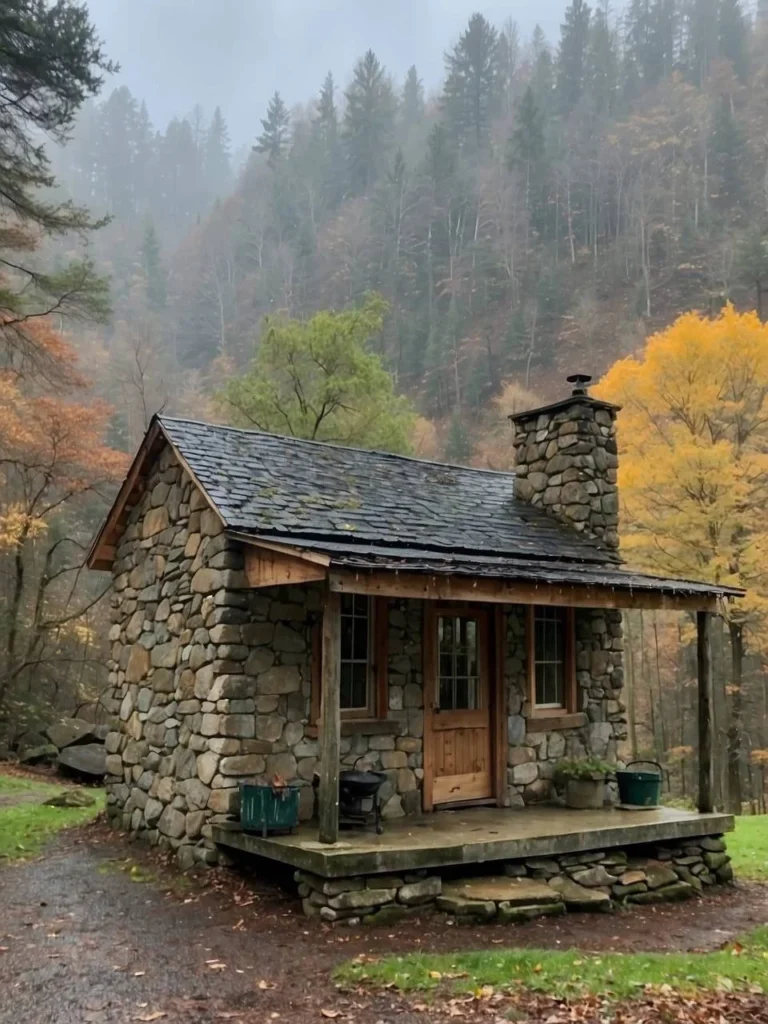 Tiny mountain stone cabin in a misty, forested setting with a small porch.