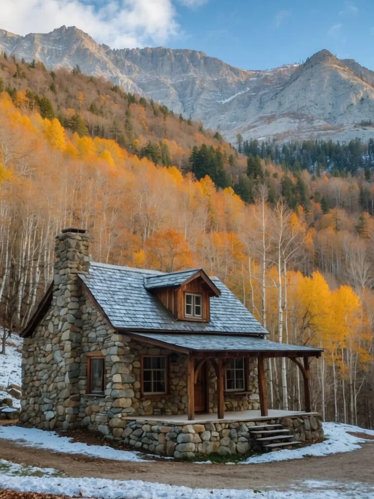 Tiny mountain stone cabin with a snowy landscape and mountain backdrop.