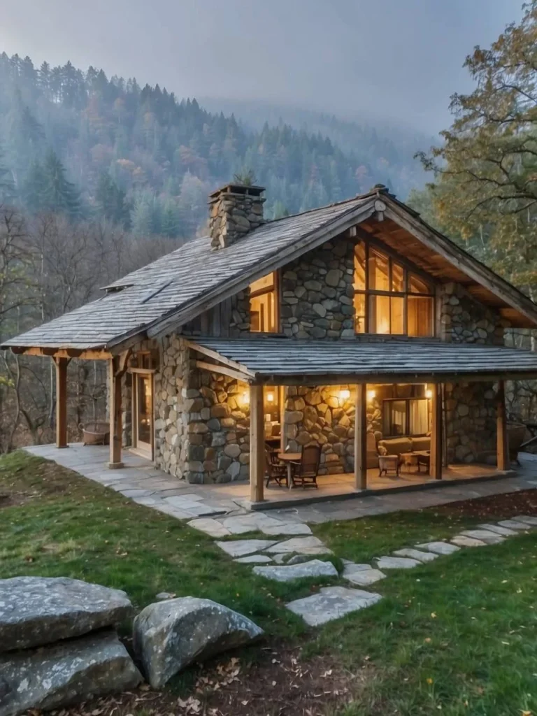 Tiny mountain stone house with a wraparound porch illuminated at twilight.