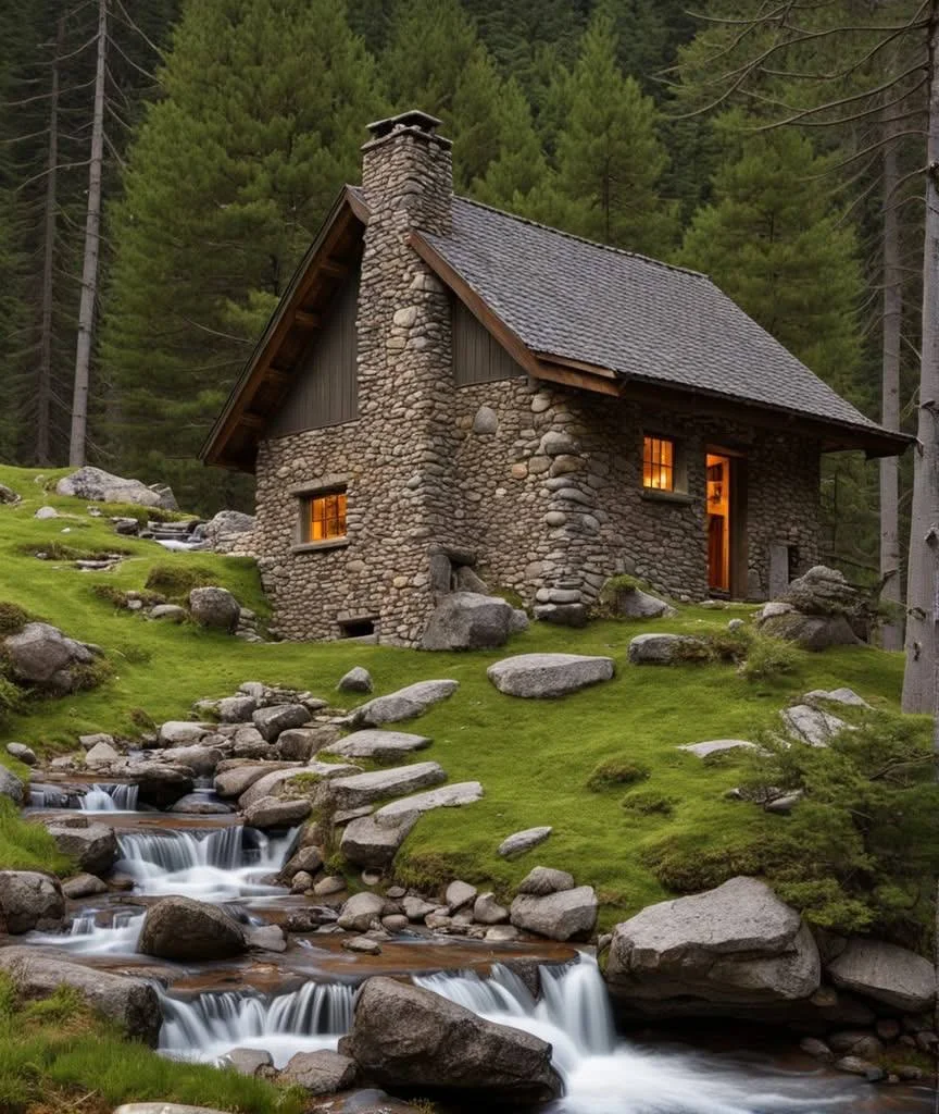 Tiny mountain stone house beside a cascading stream in a lush green setting.