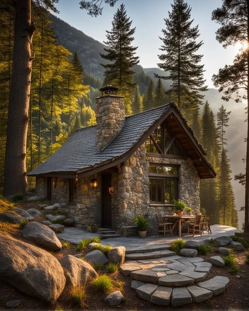 Tiny mountain stone house with a sun-drenched patio and mountain views.