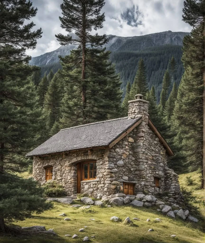 Tiny mountain stone cottage hidden among tall pine trees.