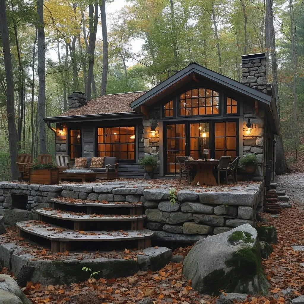 Tiny mountain stone cottage with expansive windows and multi-level patios.