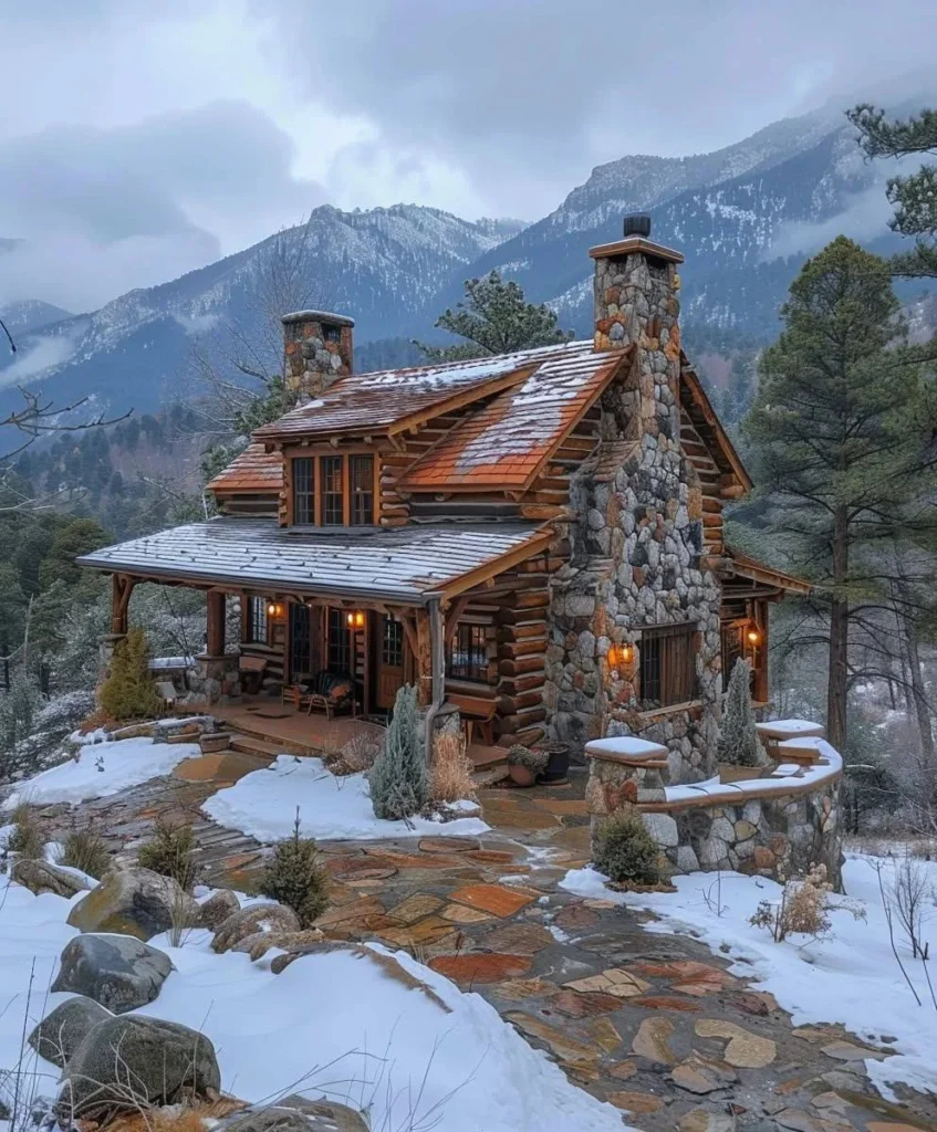 Tiny mountain stone and log cabin with a snowy landscape and prominent chimney.