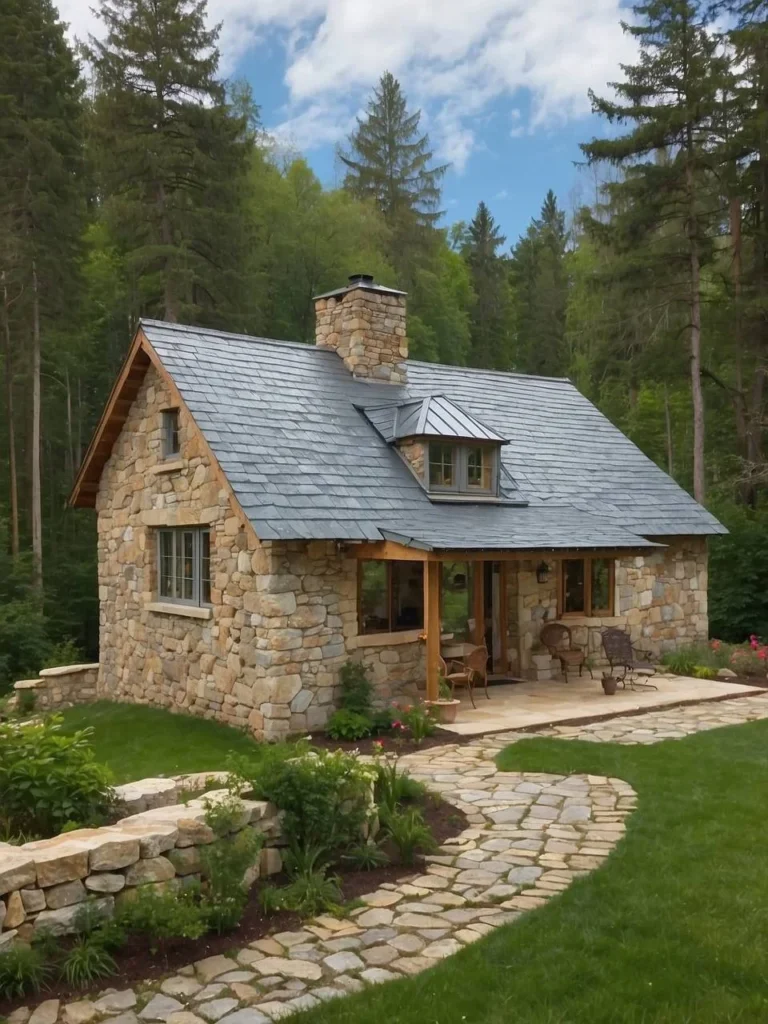 Tiny mountain stone cottage with a winding stone pathway and bright exterior.