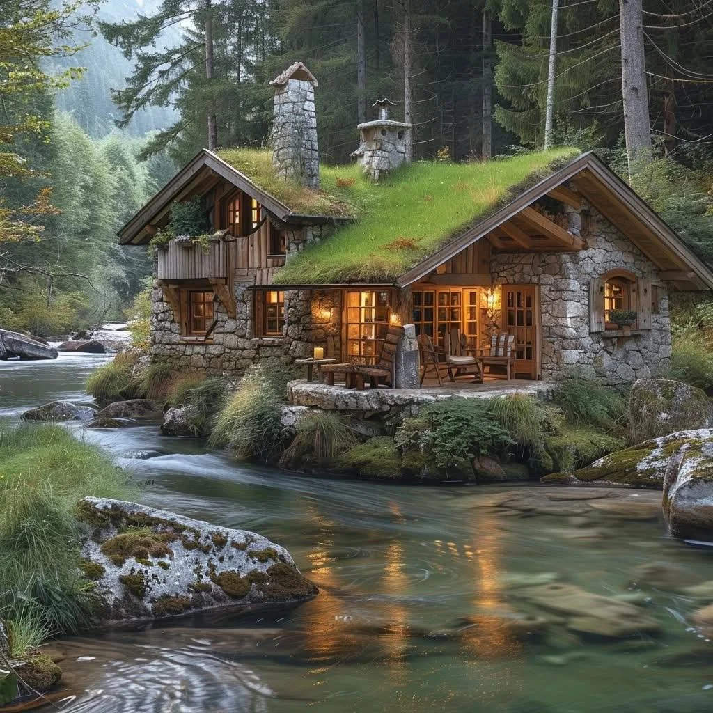 Tiny mountain stone cottage with a green roof situated directly beside a river.