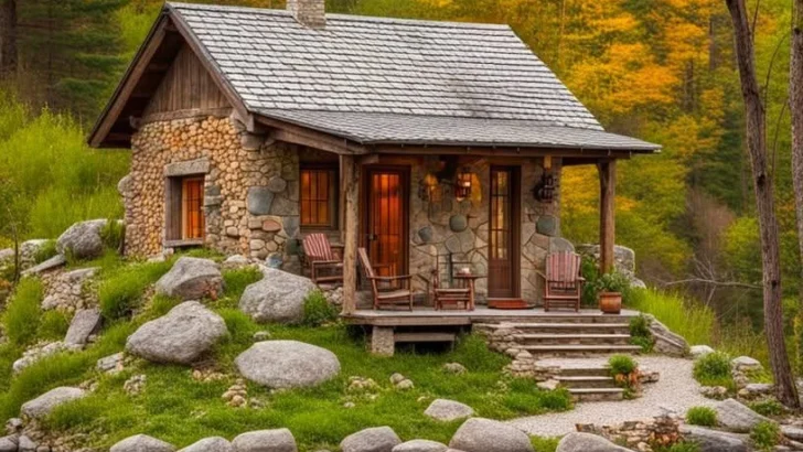 Tiny mountain stone cabin with autumn foliage reflected in a still pond.