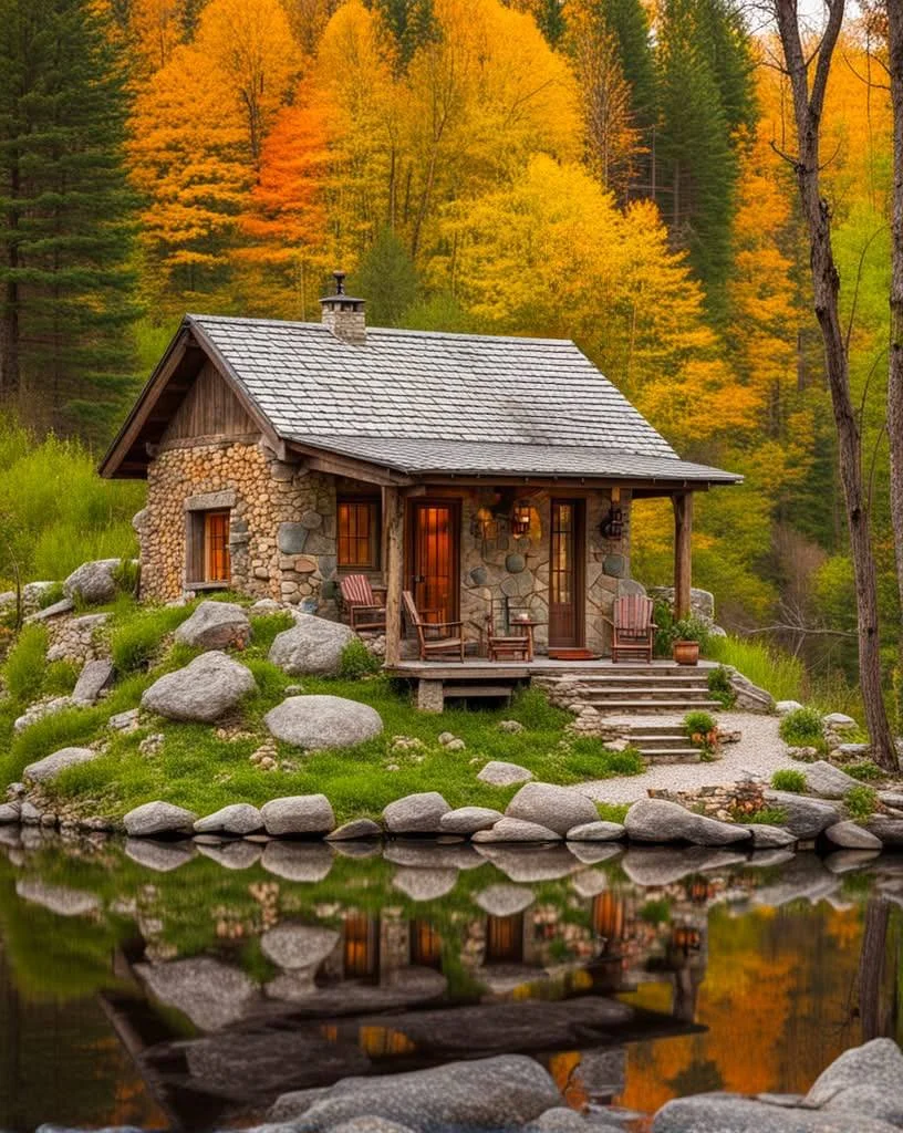 Tiny mountain stone cabin with autumn foliage reflected in a still pond.