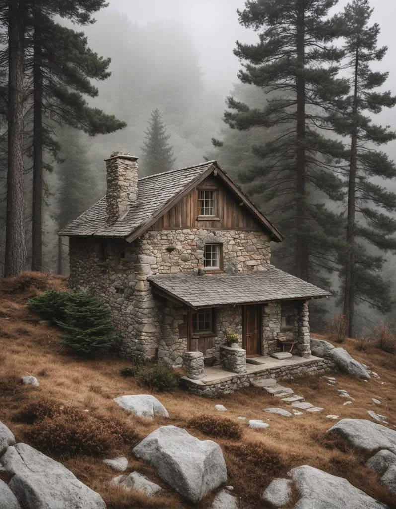 Tiny mountain stone cottage in a misty forest setting, conveying seclusion.