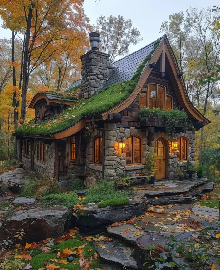 Dreamy tiny mountain stone cottage with moss-covered roof and storybook design.