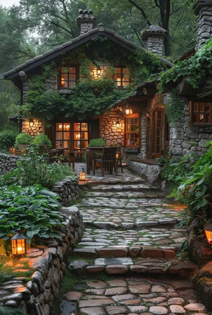 Tiny mountain stone cottage with ivy-covered walls and stone pathway.