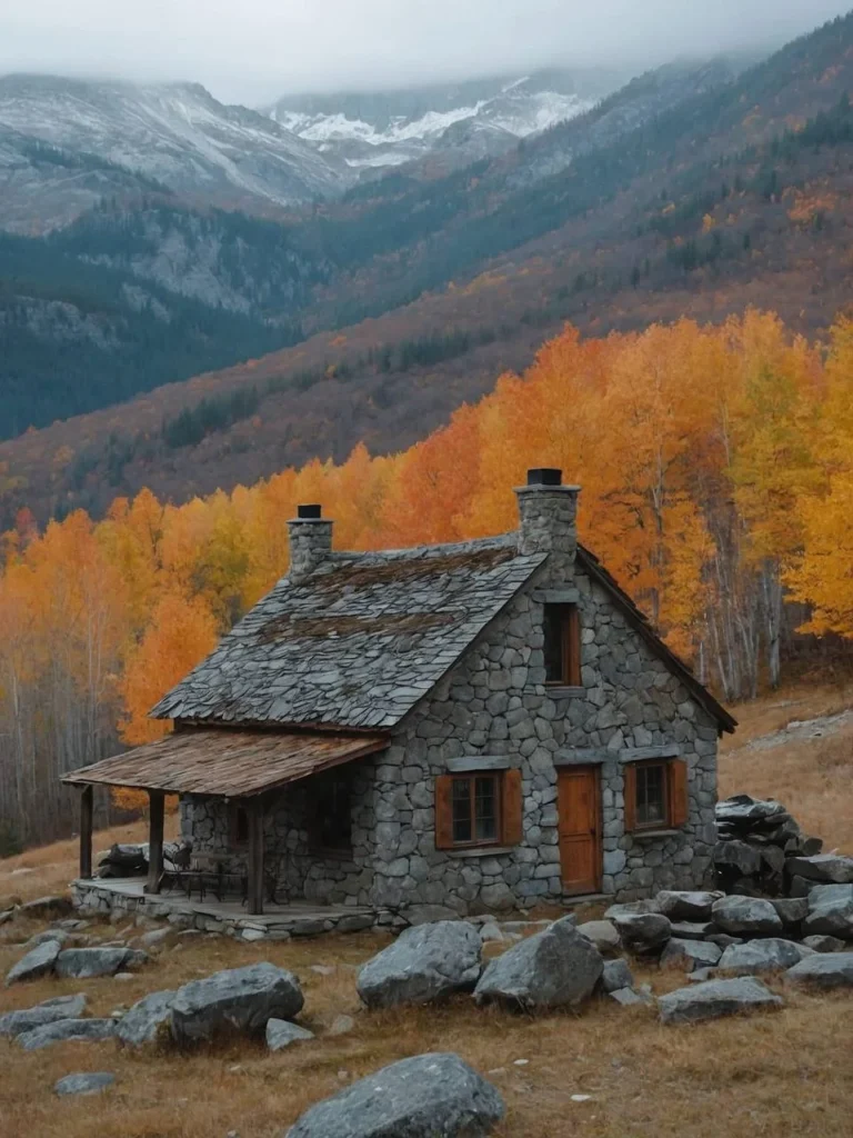 Tiny mountain stone cottage with panoramic mountain and autumn foliage views.