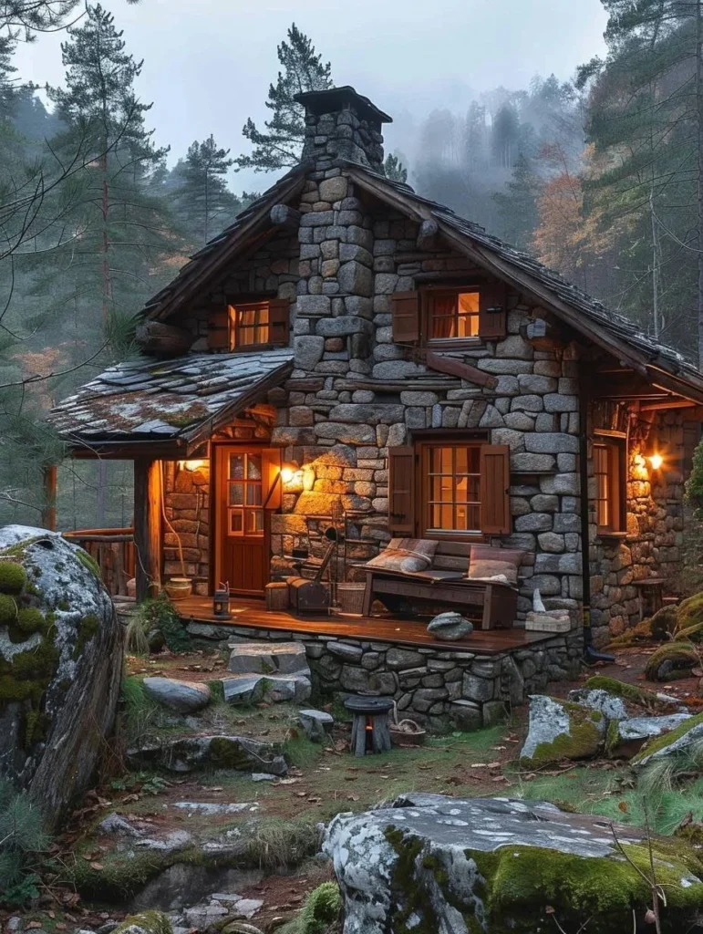 Tiny mountain stone cabin with a cozy porch nestled in a forest.