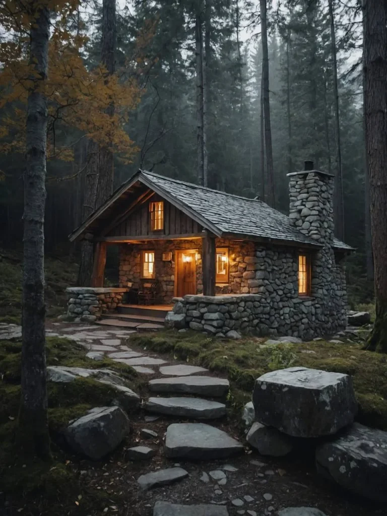 Tiny mountain stone cottage with a stone path in a dense, mossy forest.