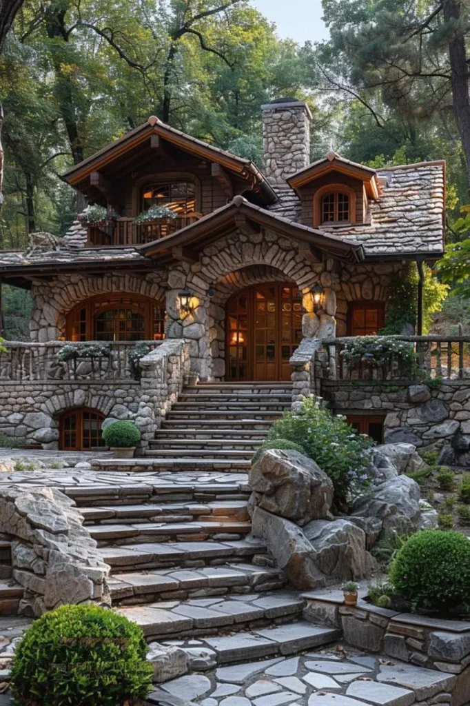 Tiny mountain stone cottage with a grand stone staircase and arched entryway.