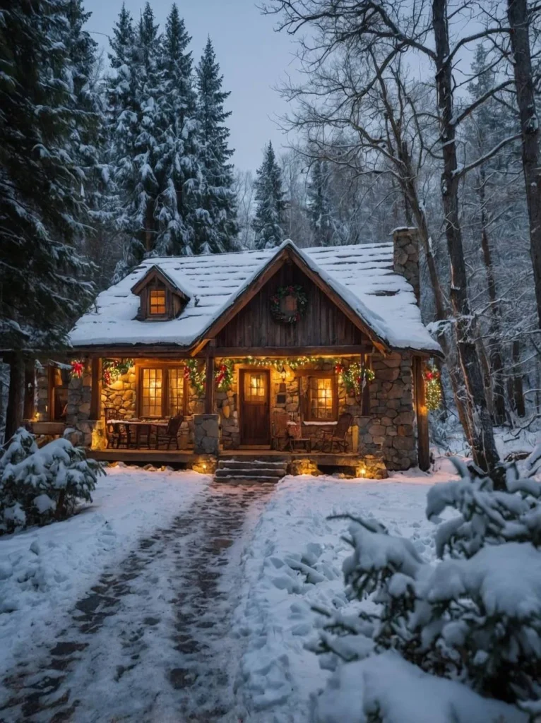 Charming stone house exterior in snowy forest setting.