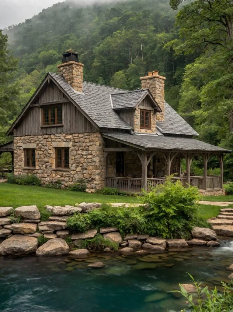 Large stone house with a wraparound porch next to a river.