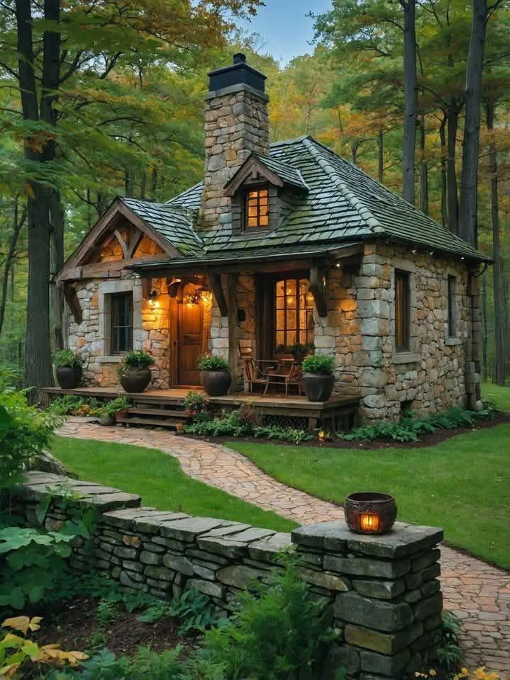 Stone cottage at dusk with lights on, surrounded by forest.