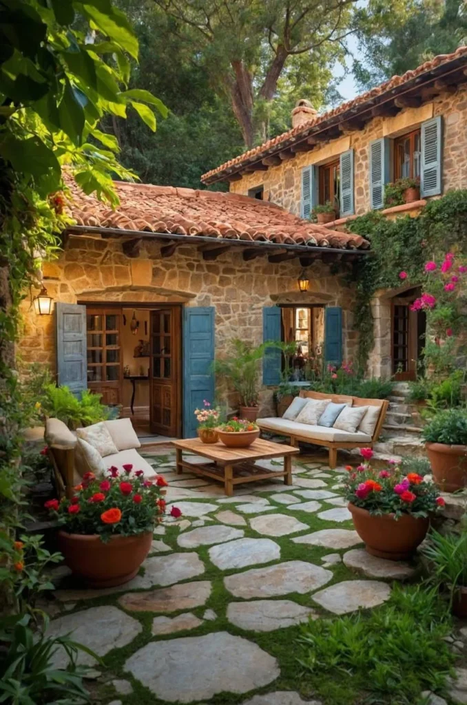 Stone villa with a courtyard, terracotta roof, and blue shutters.