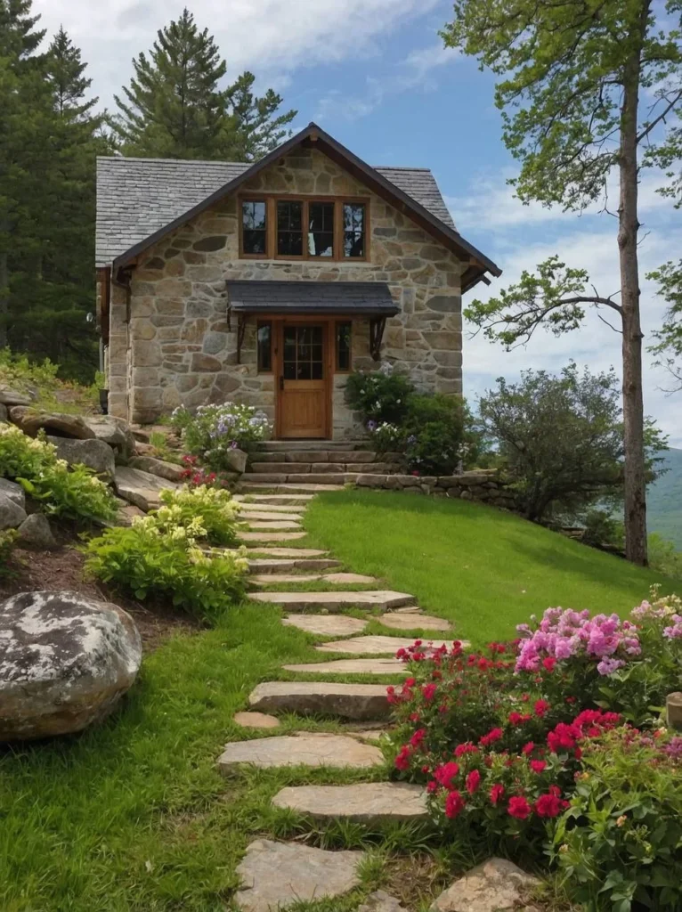 Stone cottage on a hillside with a flagstone path and gardens.