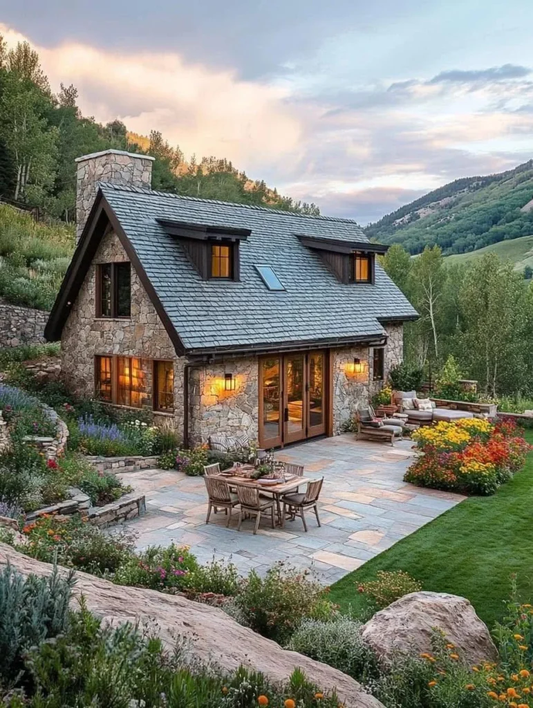 Stone house with a large patio and mountain views.