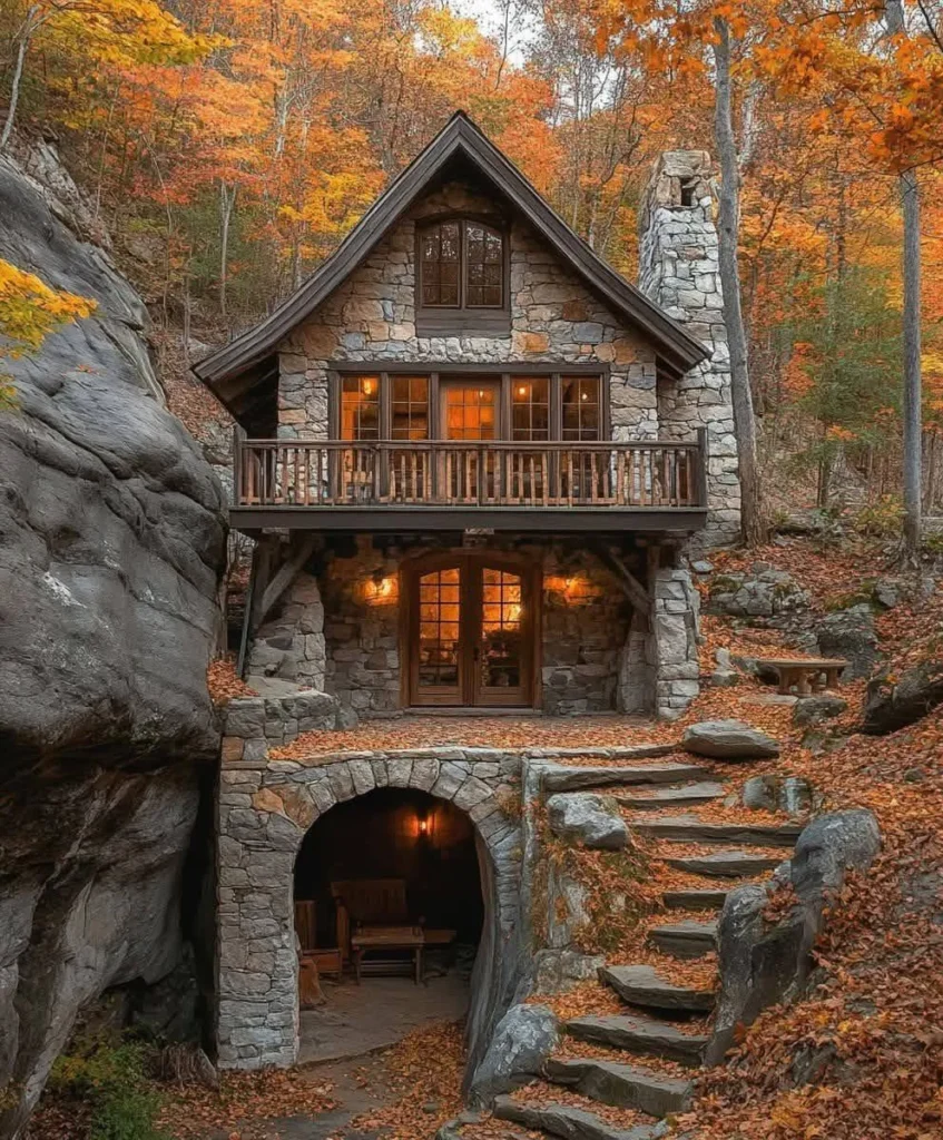 Stone house built into a cliffside with an arched entrance.