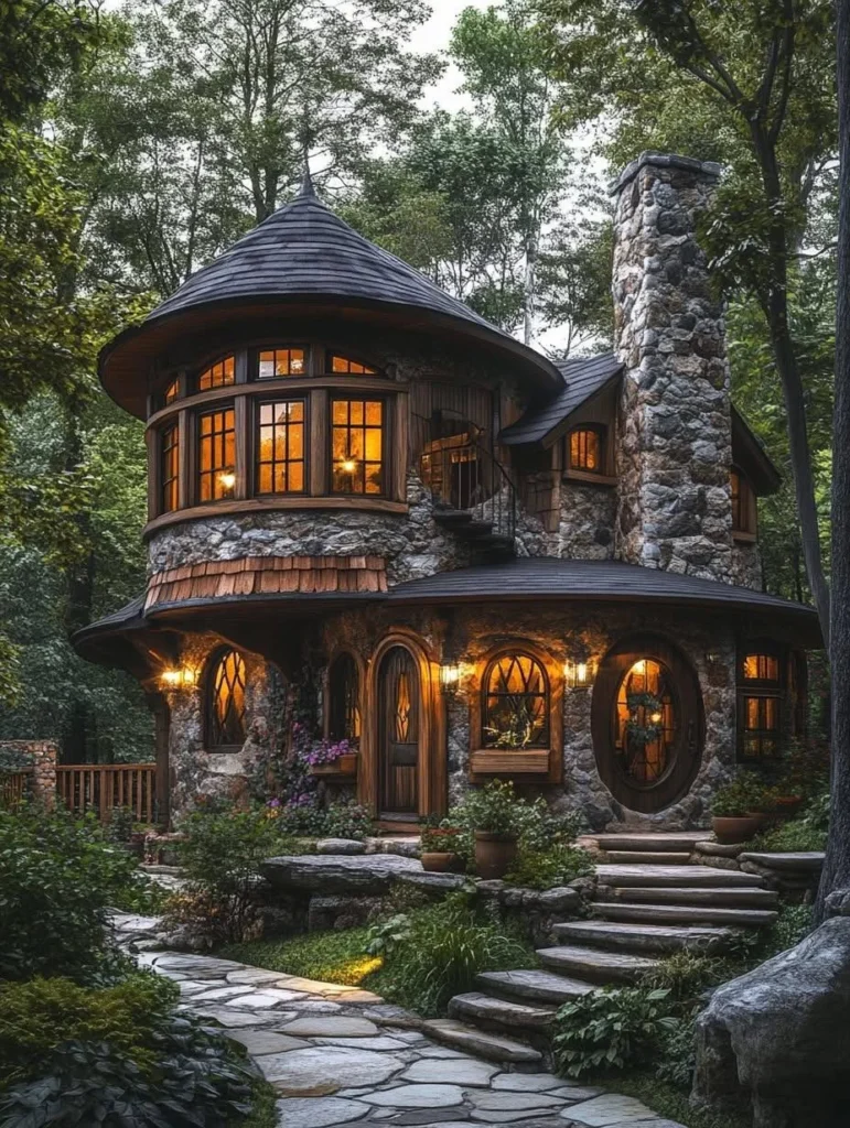 Round stone house with a tower and many windows in a forest.