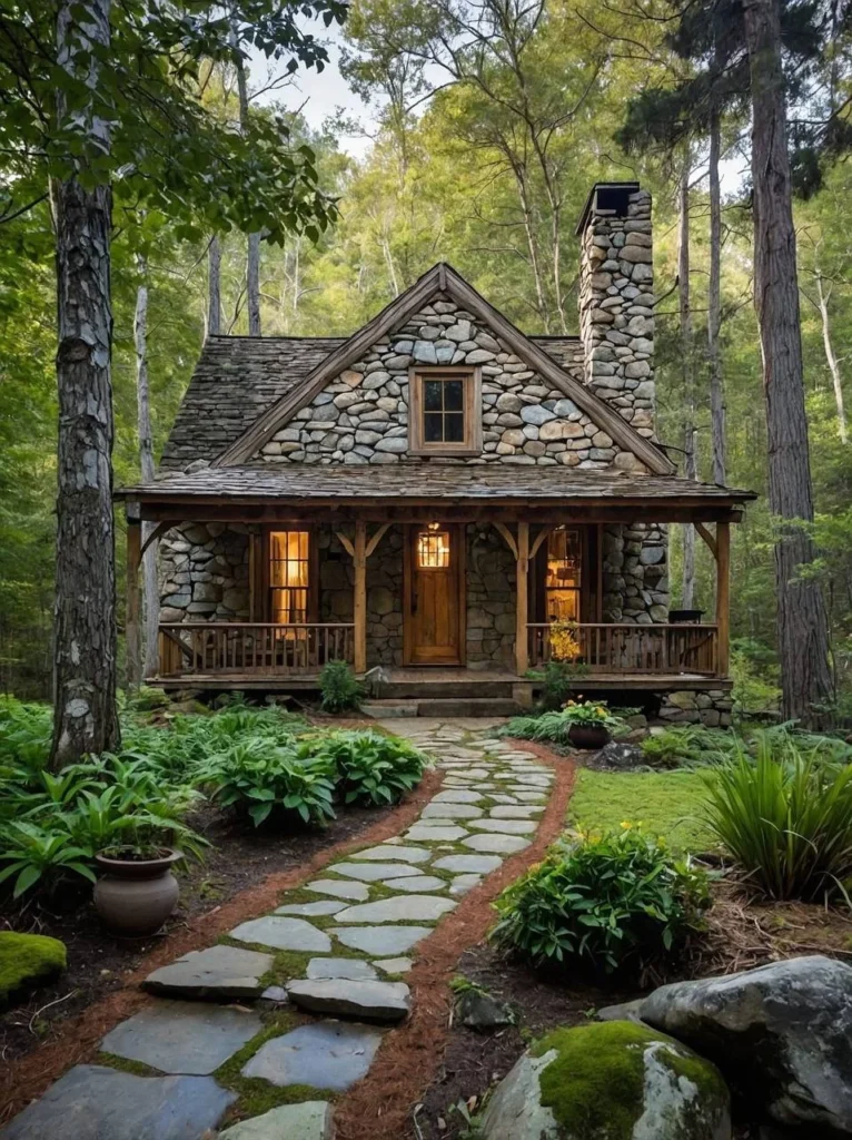 Round stone house with a tower and many windows in a forest.